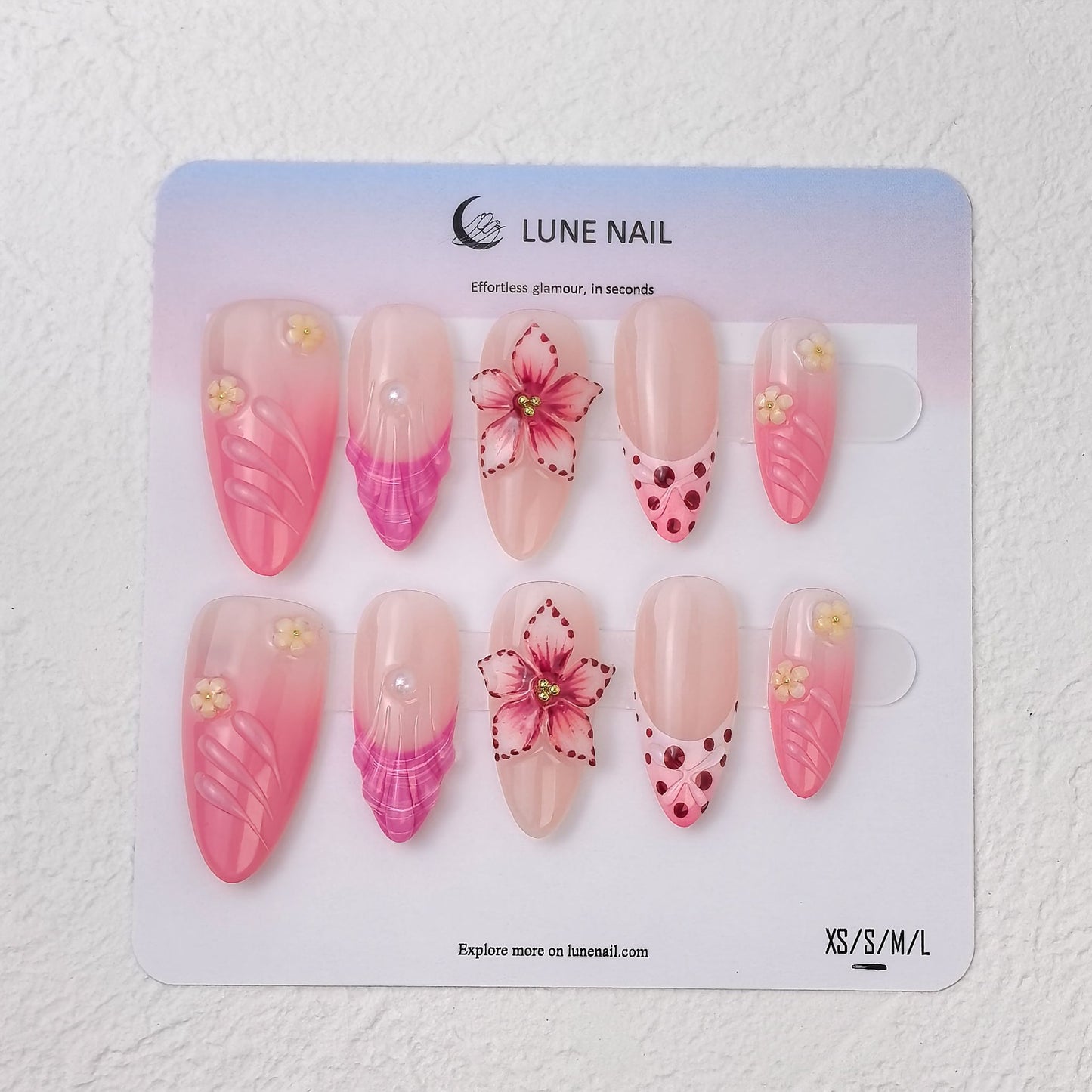 LUNE NAIL display card holding Petal Fiesta 3-D floral pink press-on nail set, XS / S / M / L sizes