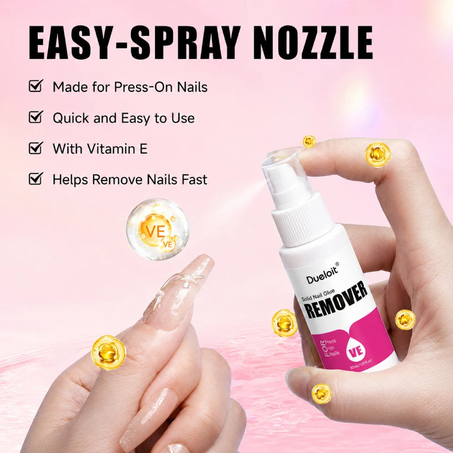 Gentle press-on nail remover spray with odorless formula and no UV needed